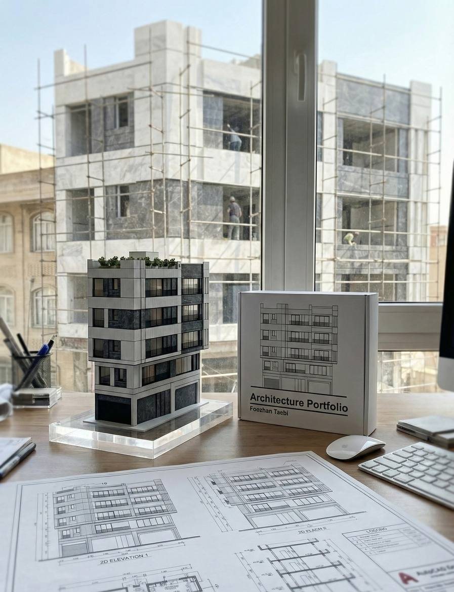 Model, drawings and portfolio on Foozhan's desk